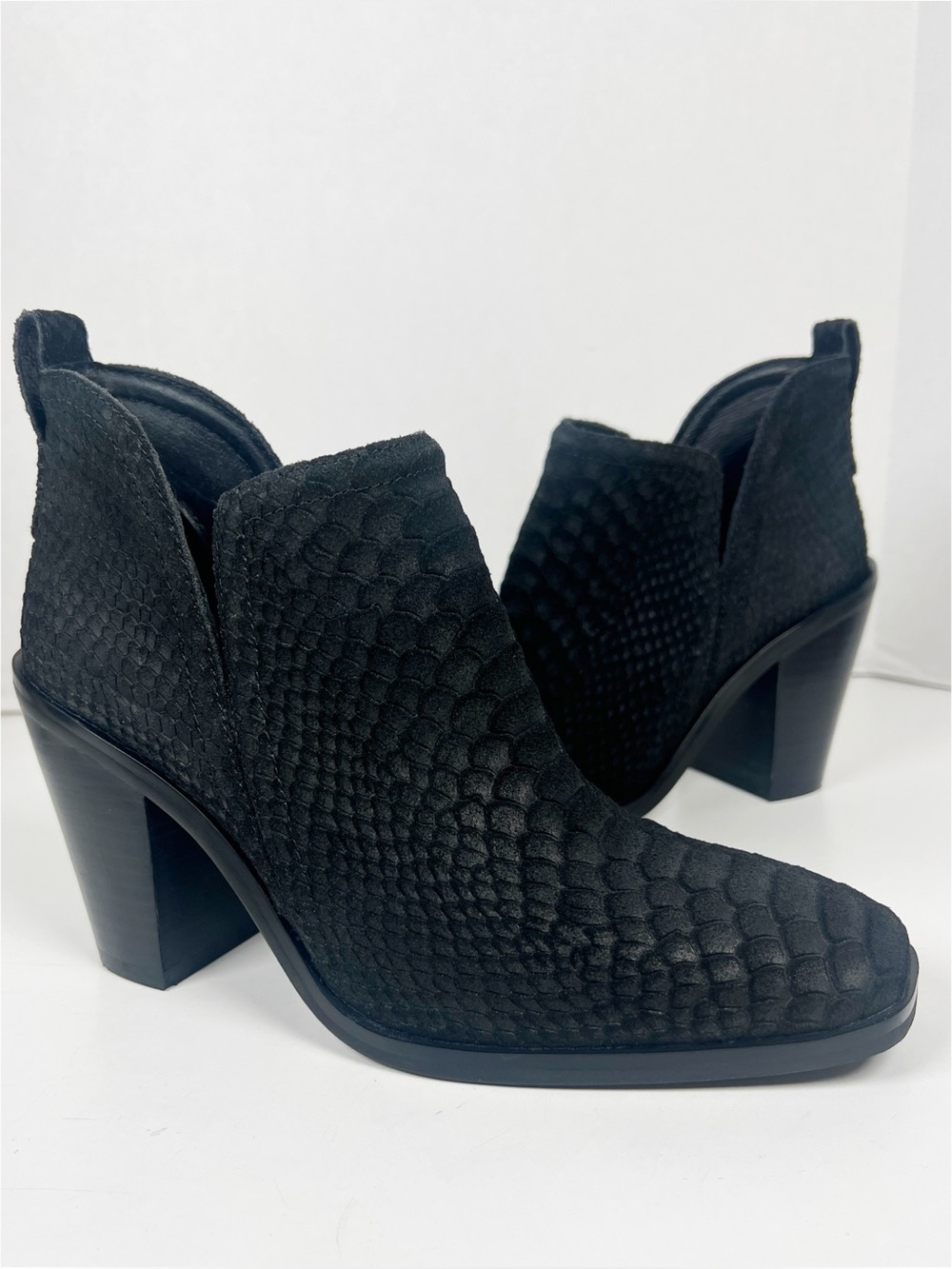 JEFFREY CAMPBELL Women Size 7.5 Black Suede Snake Rosalee Block Heel Ankle Boot